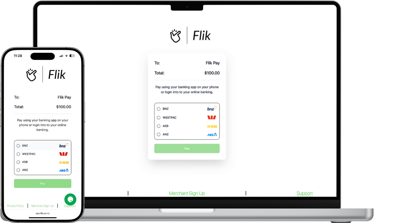 Phone and laptop showing the Flik account-to-account payment screen